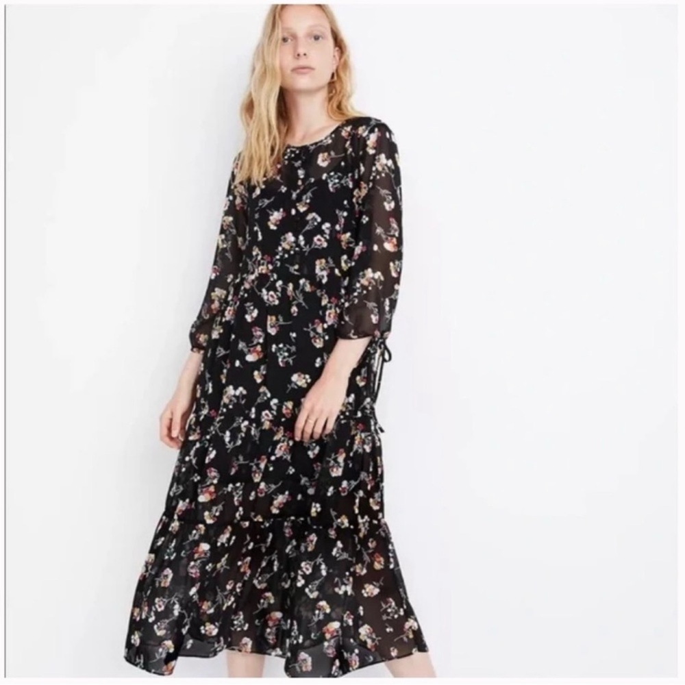 Madewell Sheer Button-Front Tier Midi Dress in Carnation Toss 2X